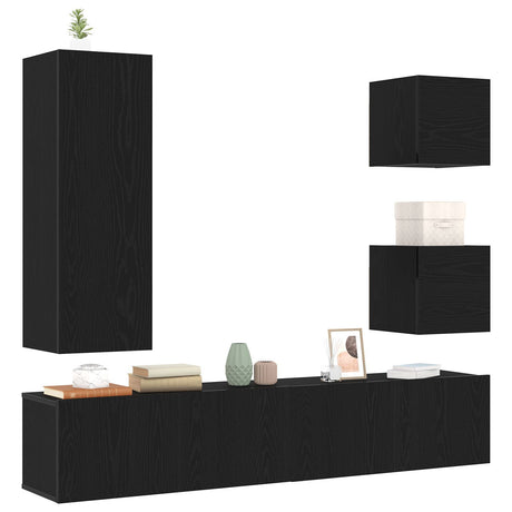 6 Piece Tv Cabinet Set Black Oak Engineered Wood,  Wall Mounted Tv Cabinets 2 Pcs Black Oak 30.5X30X30 Cm,  Wall-Mounted Tv Cabinet In Black Oak - 30.5X30X90 Cm, Made Of Engineered Wood,  Black Oak Tv Stand 80X30X30 Cm Made Of Engineered Wood
