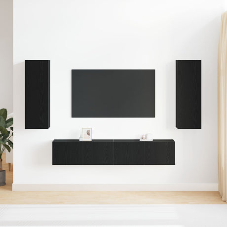 4 Piece Tv Cabinet Set Wall-Mounted Black Oak Engineered Wood,  Black Oak Tv Stand 80X30X30 Cm Made Of Engineered Wood,  Wall-Mounted Tv Cabinets - 2 Pcs Black Oak, 30.5X30X90 Cm, Made From Engineered Wood