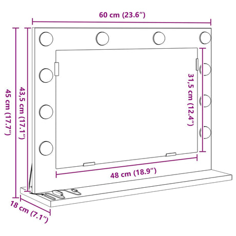 Vanity Mirror With Led Lights Black Oak 60X45X18 Cm