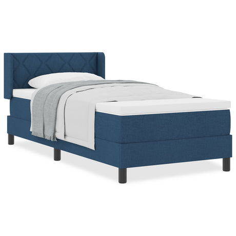 Box Spring Bed With Mattress Blue 90X200 Cm Fabric,  Headboard Diamond Blocks Design Blue 90 Cm Fabric