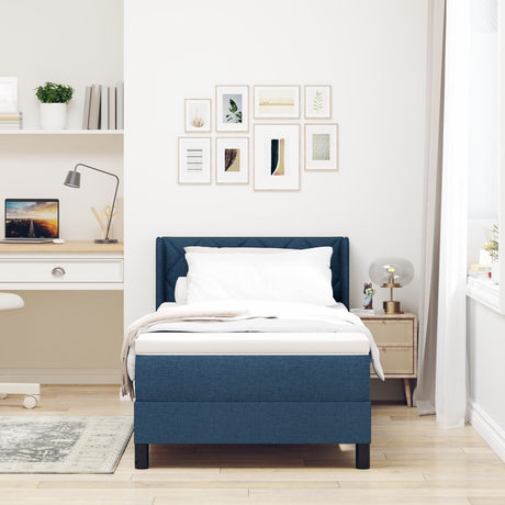 Box Spring Bed With Mattress Blue 90X200 Cm Fabric,  Headboard Diamond Blocks Design Blue 90 Cm Fabric