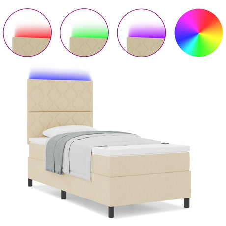 Box Spring Bed With Mattress & Led Cream 100X200 Cm Fabric