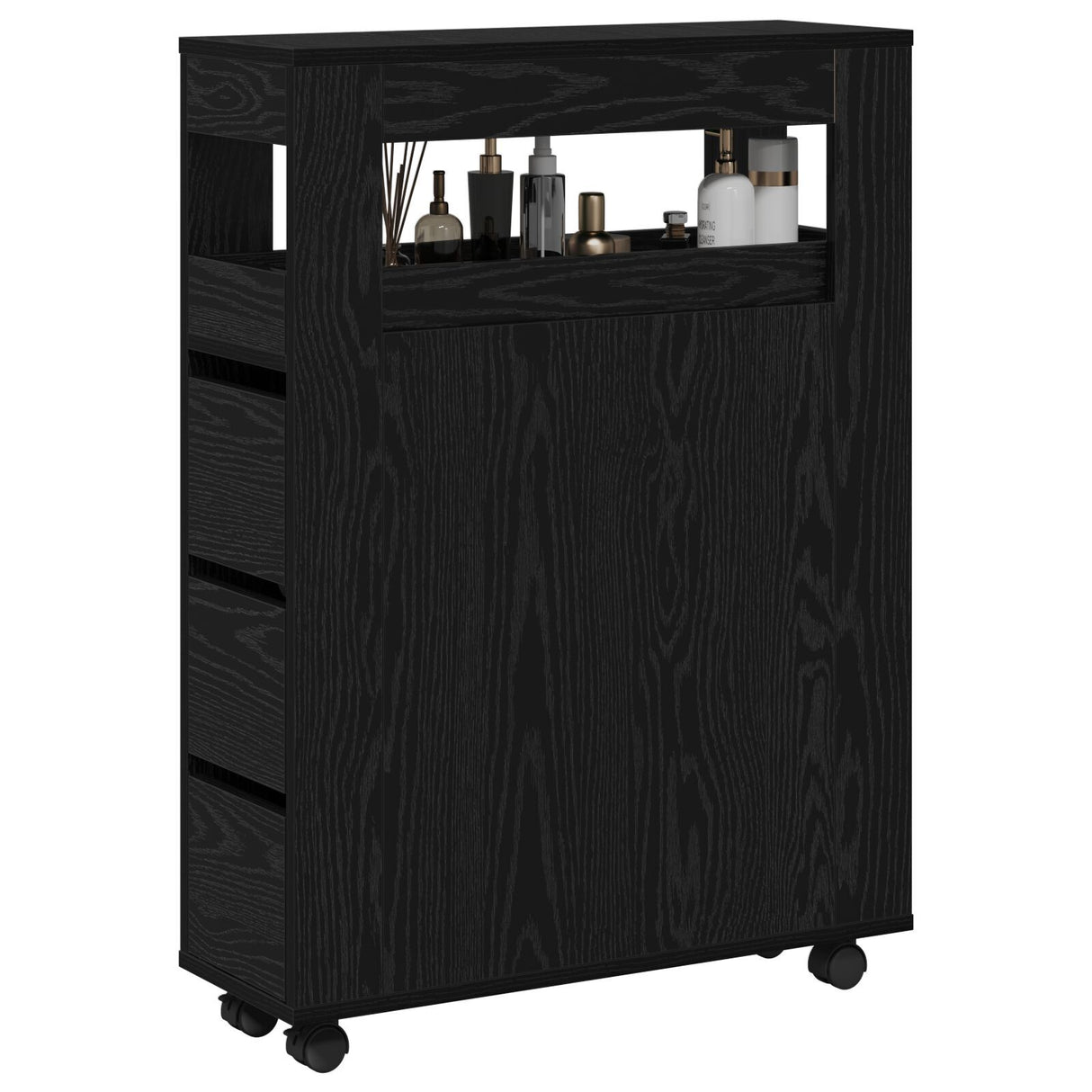 Narrow Bathroom Cabinet With Wheels Black Oak Engineered Wood