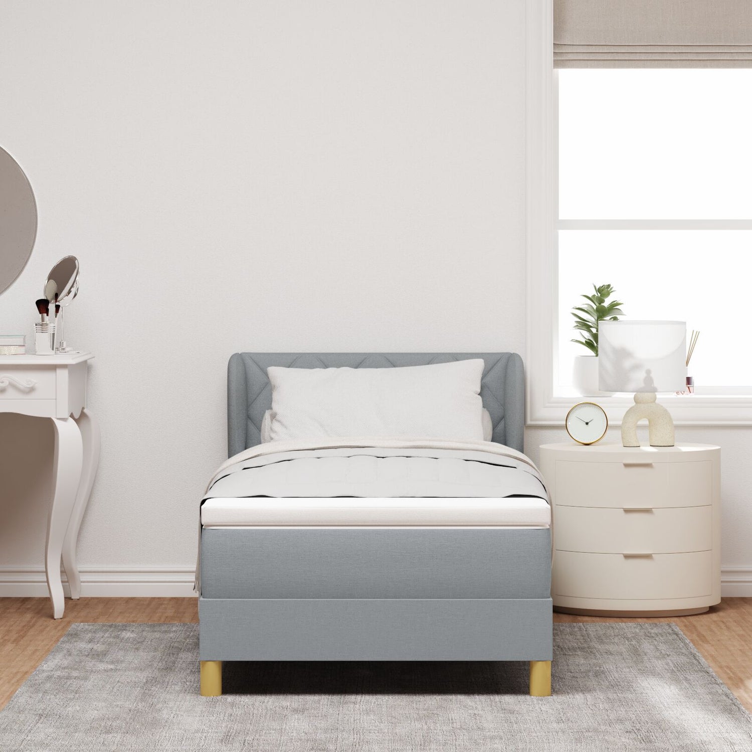 Box Spring Bed With Mattress - Light Grey, 90X200 Cm, Fabric