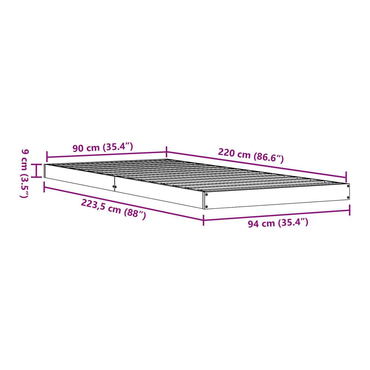 Floor Bed Frame 90X220 Cm Solid Wood Pine