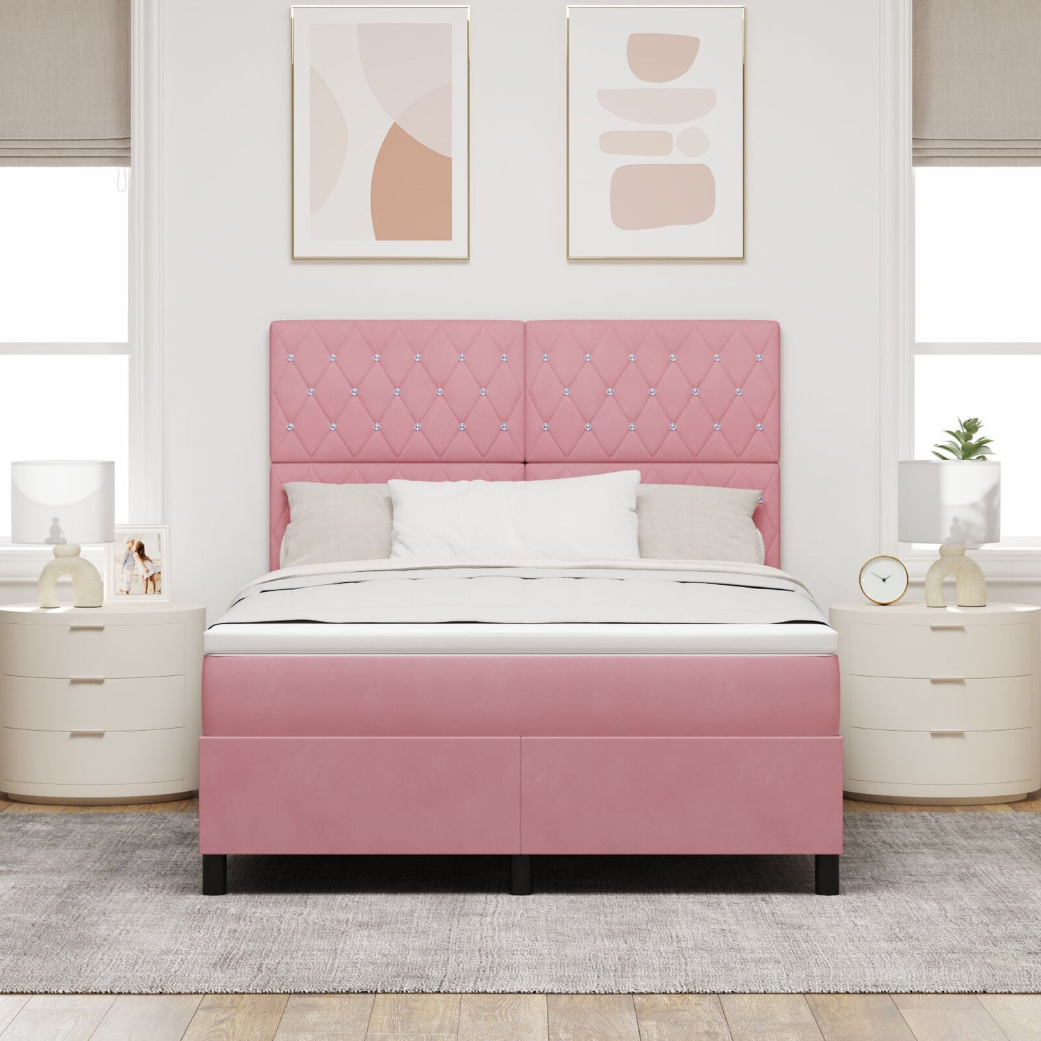 Box Spring Bed With Mattress & Led Pink 160X200 Cm Velvet