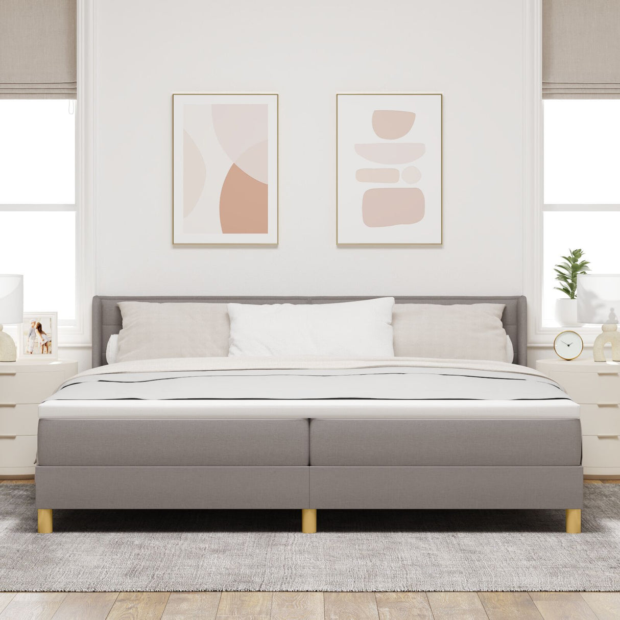 Box Spring Bed With Mattress Taupe 200X200 Cm Fabric,  Headboard Lines Design Taupe 200 Cm Fabric