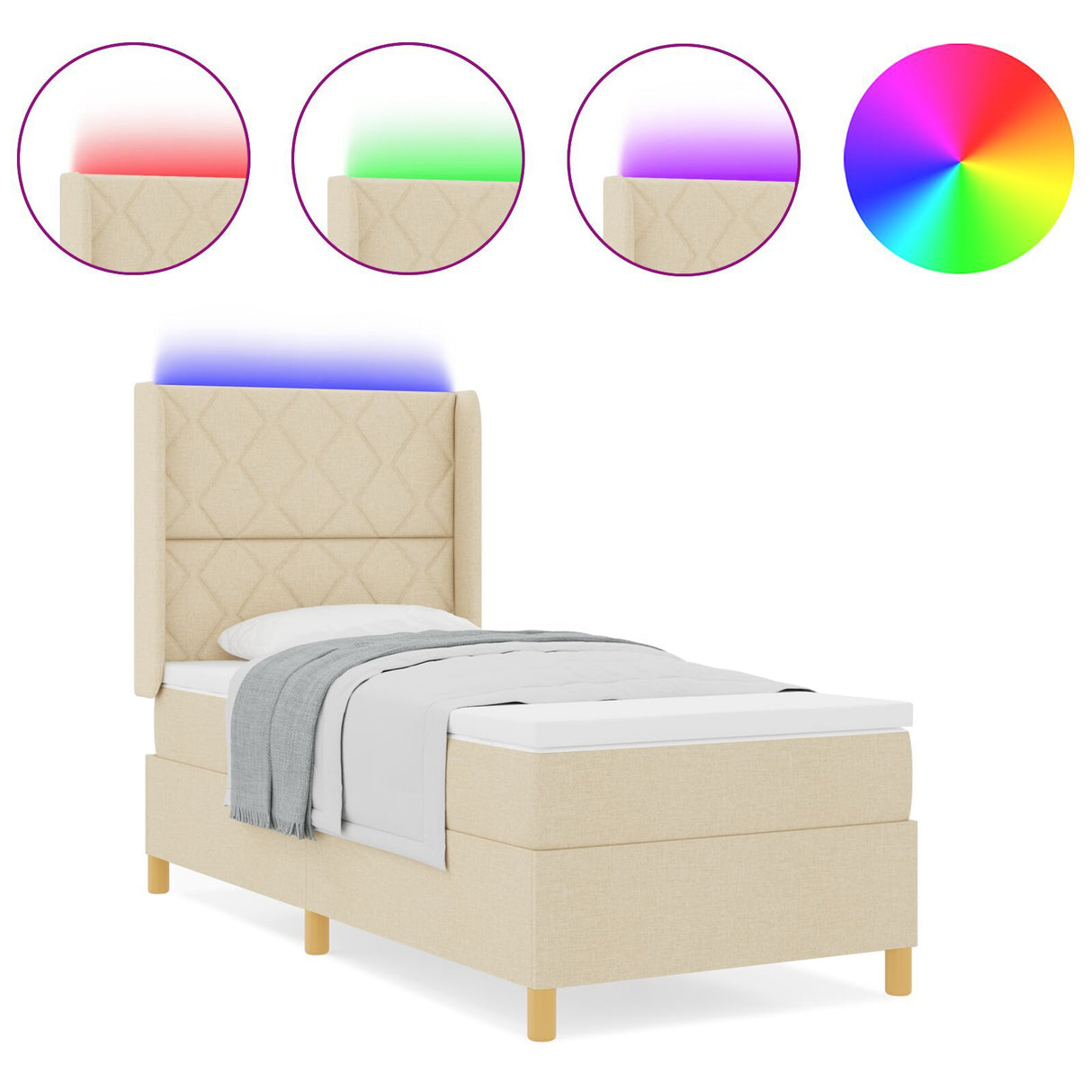 Box Spring Bed With Mattress & Led Cream 100X200 Cm Fabric
