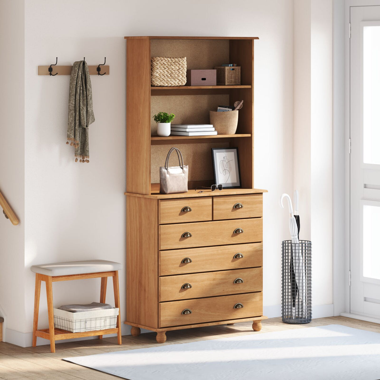 Hutch “Askim” Honey Brown 91X40X199.5 Cm Solid Wood Pine,  Hutch &quot;Askim&quot; 91X30X104 Cm Solid Wood Pine,  Chest Of Drawers &quot;Askim&quot; 91X40X95.5 Cm Solid Wood Pine