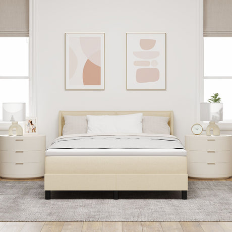 Box Spring Bed With Mattress Cream 160X200 Cm Fabric,  Headboard Lines Design Cream 160 Cm Fabric