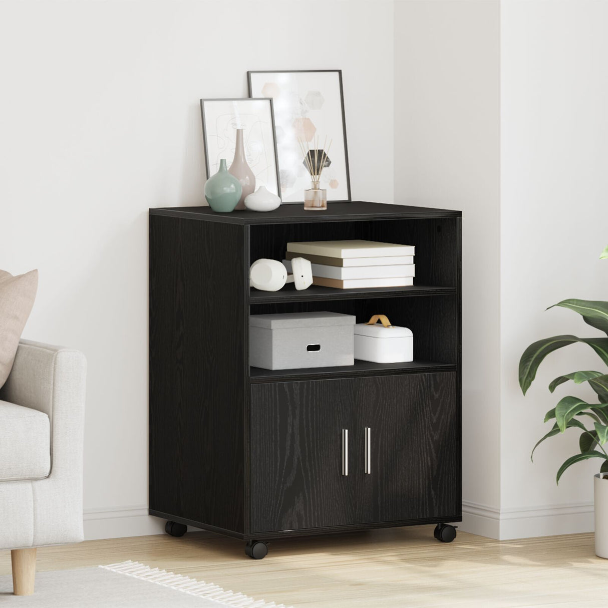 Rolling Cabinet Black Oak 60X48X81 Cm Engineered Wood