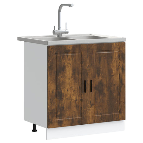 Sink Base Cabinet &quot;Porto&quot; With Sink Smoked Oak 80X46X84,5 Cm Engineered Wood