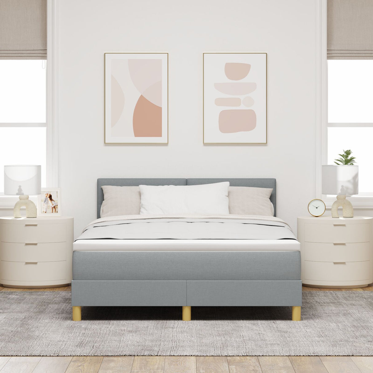 Box Spring Bed With Mattress & Led Light Grey 140X200 Cm Fabric
