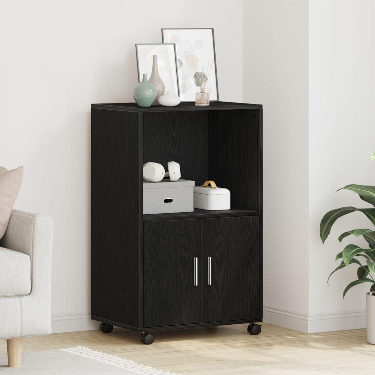 Rolling Cabinet Black Oak 55X40X91 Cm Engineered Wood