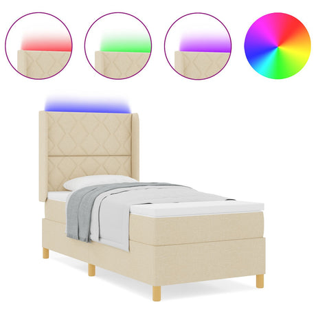 Box Spring Bed With Mattress & Led Cream 90X200 Cm Fabric