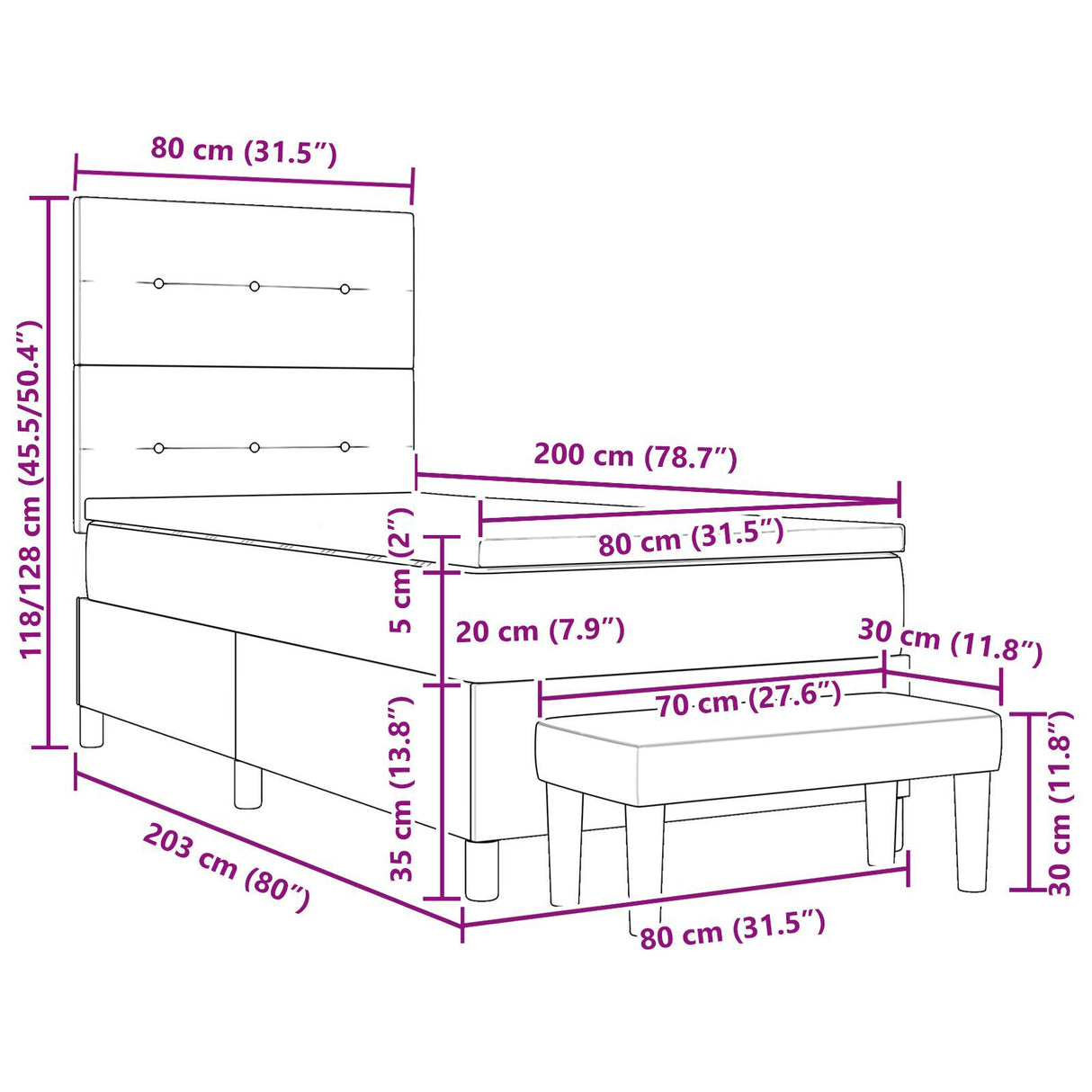 Box Spring Bed With Mattress & Bench Grey 80X200 Cm Fabric