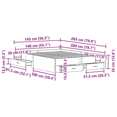 Bed Frame With Drawers Old Wood Engineered Wood 140 X 200 Cm