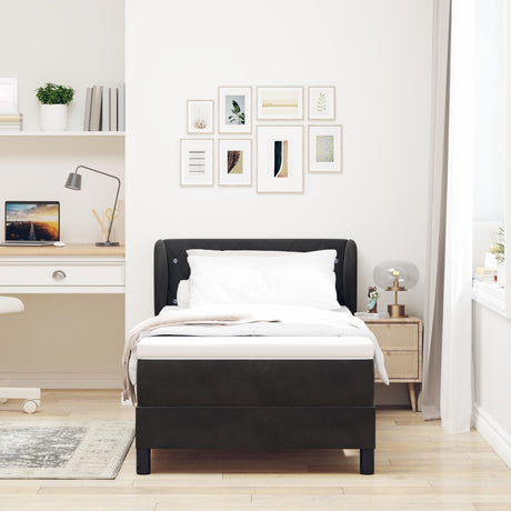 Box Spring Bed With Mattress In Black Velvet, 90X190 Cm