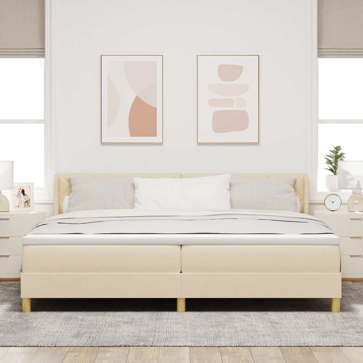 Box Spring Bed With Mattress Cream 200X200 Cm Fabric,  Headboard Diamond Blocks Design Cream 200 Cm Fabric