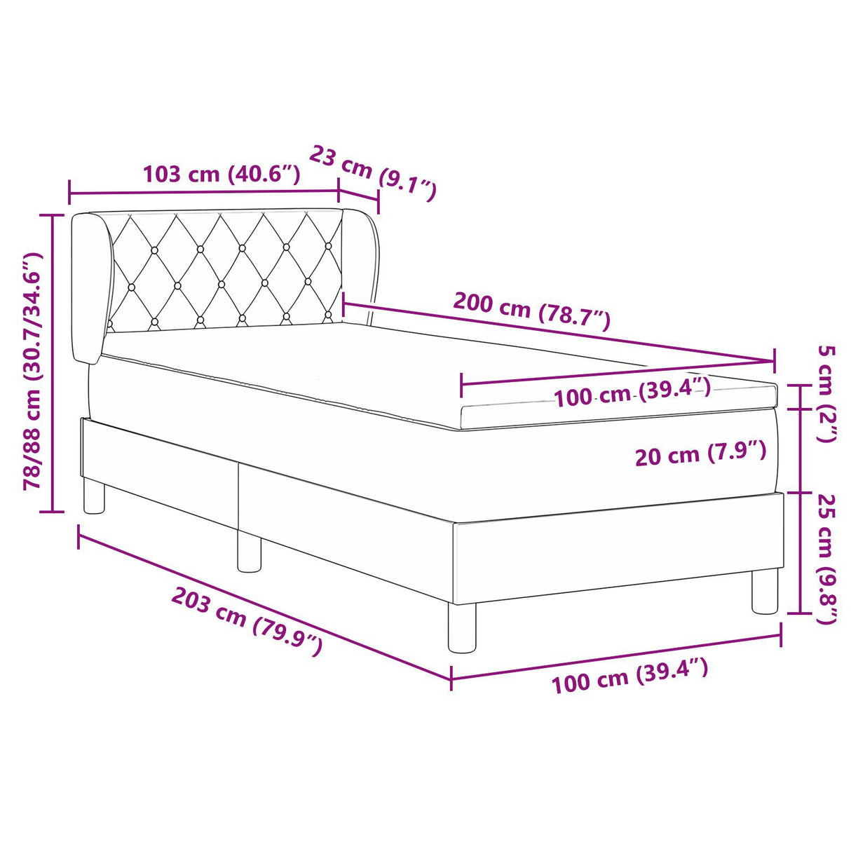 Box Spring Bed With Mattress In Dark Grey, 100X200 Cm, Velvet
