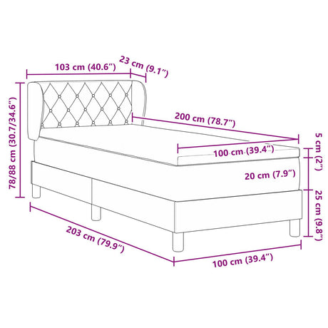 Box Spring Bed With Mattress In Dark Grey, 100X200 Cm, Velvet