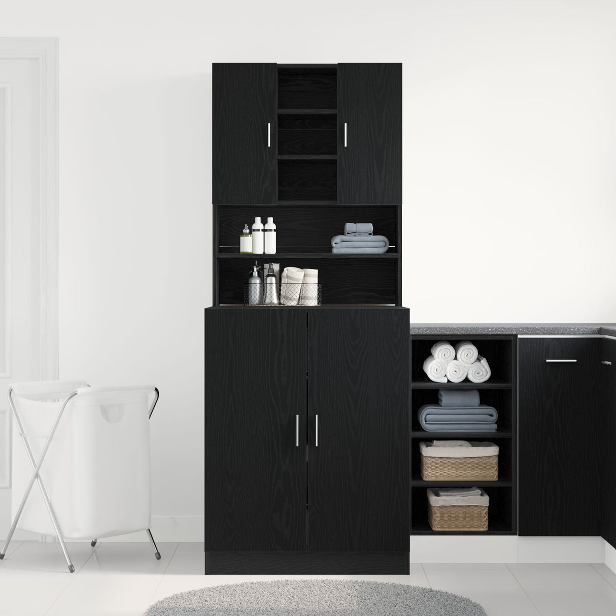 Washing Machine Cabinets 2 Pcs Black Oak 70.5X71.5X181.5 Cm Engineered Wood,  Washing Machine Cabinet - Black Oak - 70.5X71.5X91.5 Cm - Made Of Engineered Wood