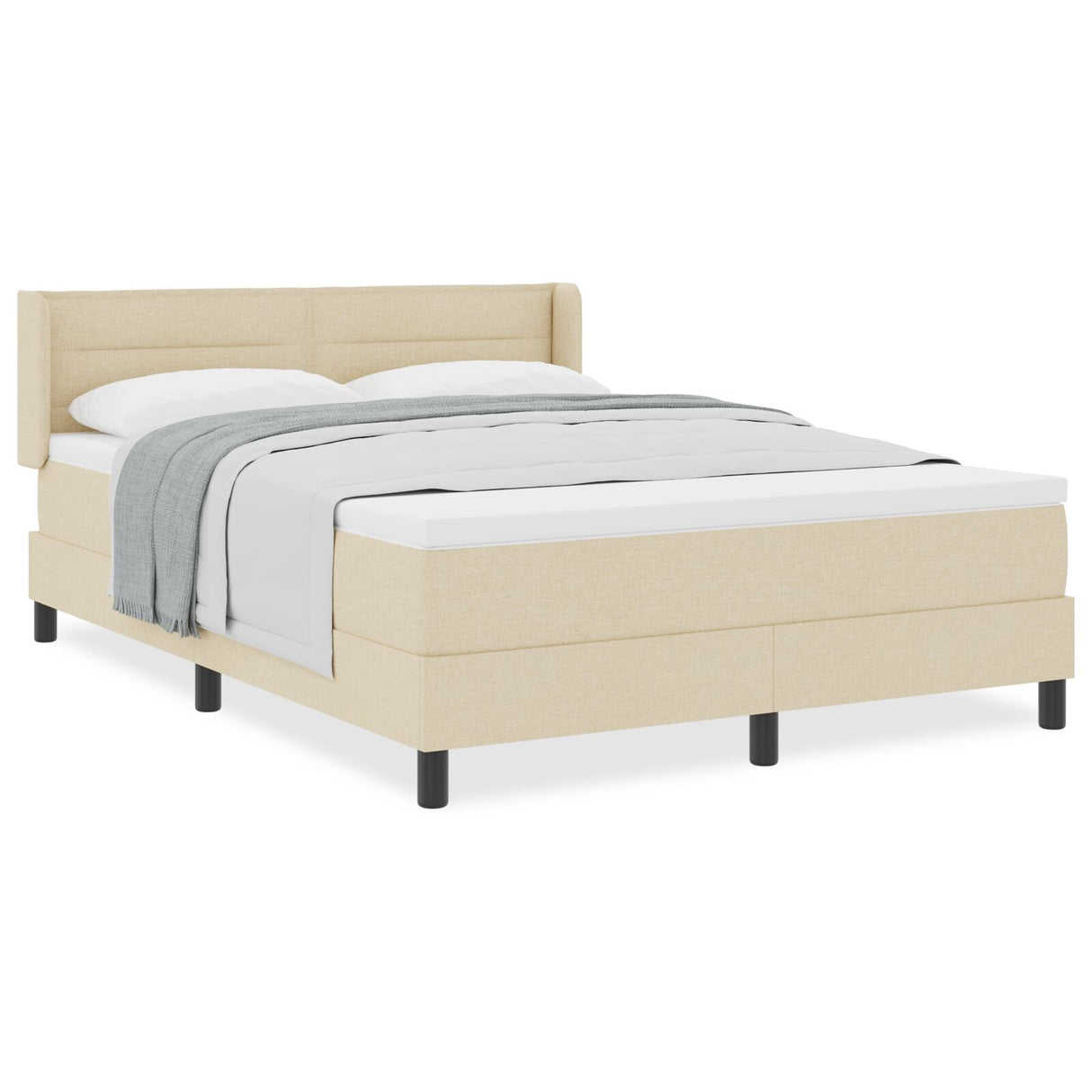 Box Spring Bed With Mattress Cream 140X190 Cm Fabric,  Headboard Lines Design Cream 140 Cm Fabric