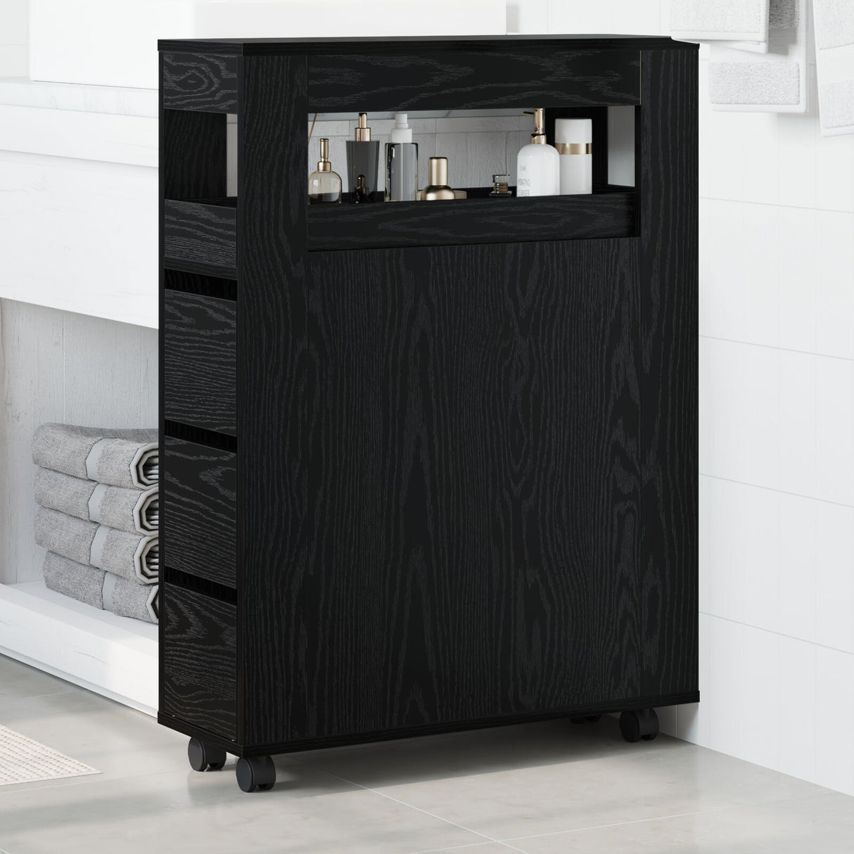 Narrow Bathroom Cabinet With Wheels Black Oak Engineered Wood