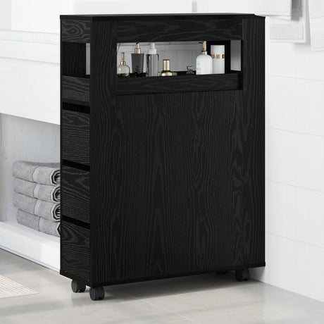 Narrow Bathroom Cabinet With Wheels Black Oak Engineered Wood