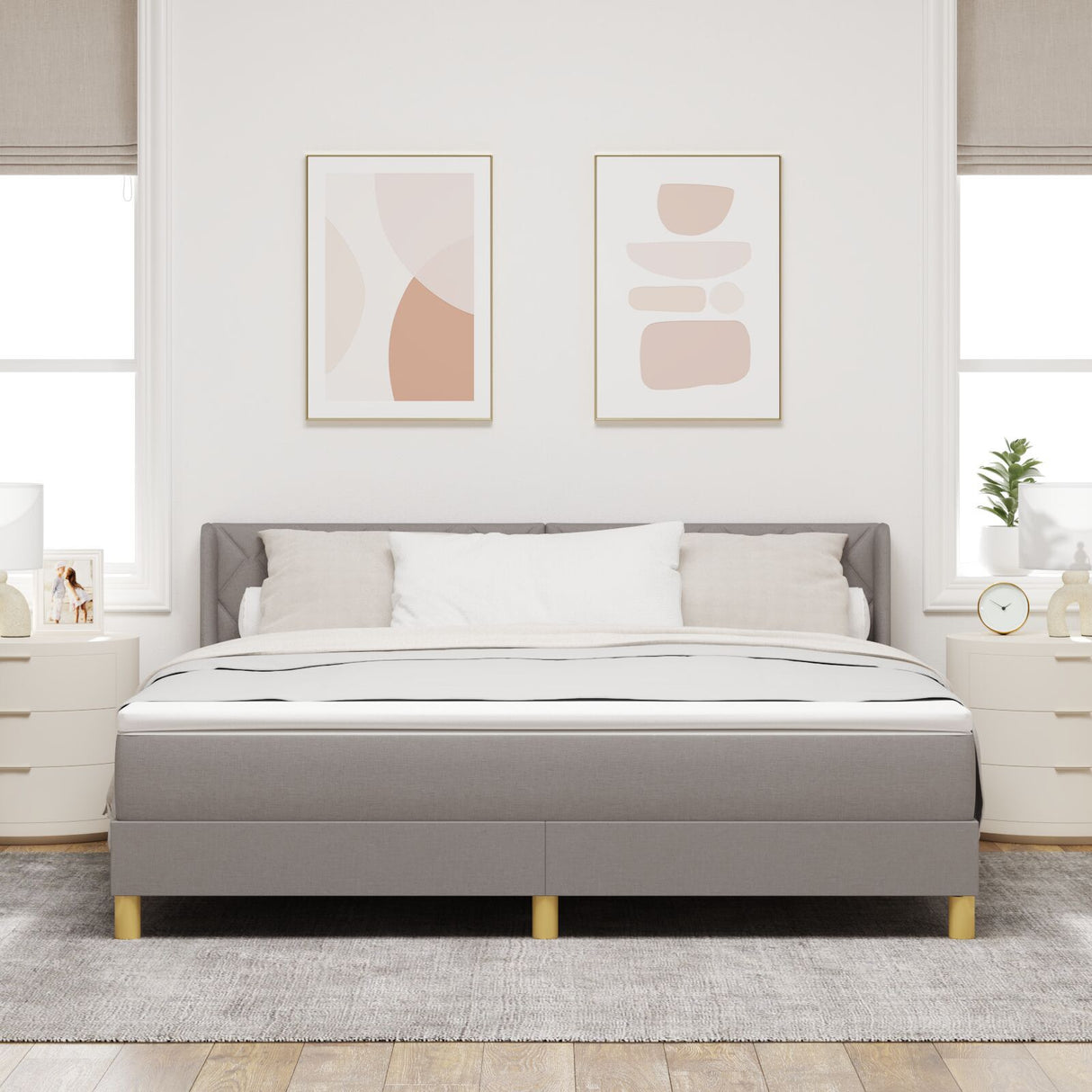 Box Spring Bed With Mattress Taupe 180X200 Cm Fabric,  Headboard Diamond Blocks Design Taupe 180 Cm Fabric