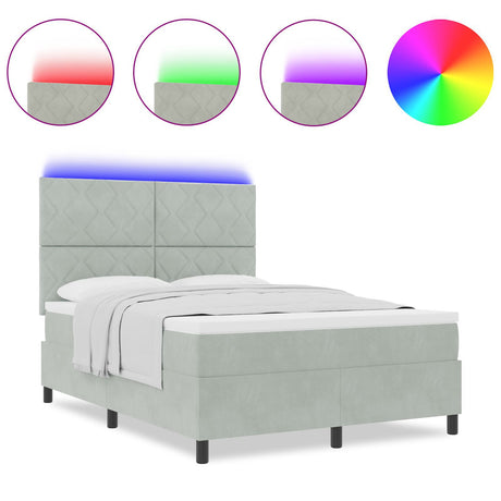 Box Spring Bed With Mattress & Led Light Grey 140X190 Cm Velvet