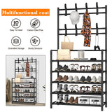 Metal Coat Rack with Shoe Storage - 8 Hooks, 5-Tier Shelf, Modern Hallway Organizer