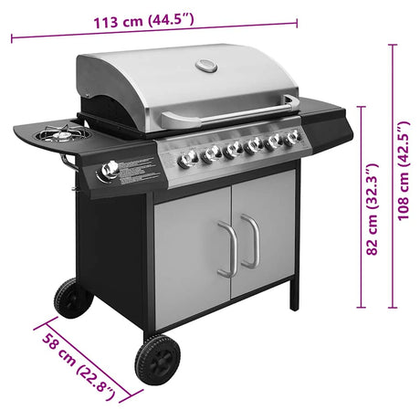 Gas Barbecue Grill 6+1 Cooking Zone Black and Silver