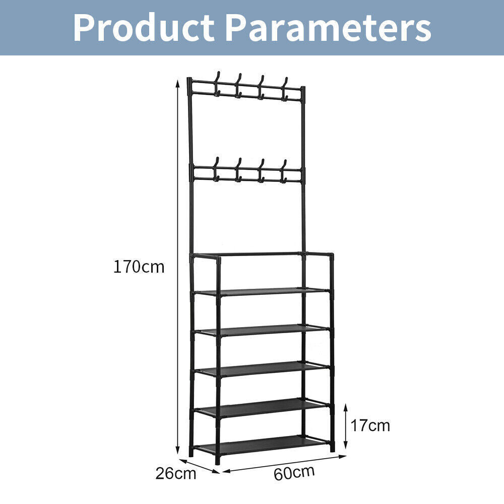Metal Coat Rack with Shoe Storage - 8 Hooks, 5-Tier Shelf, Modern Hallway Organizer