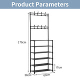 Metal Coat Rack with Shoe Storage - 8 Hooks, 5-Tier Shelf, Modern Hallway Organizer