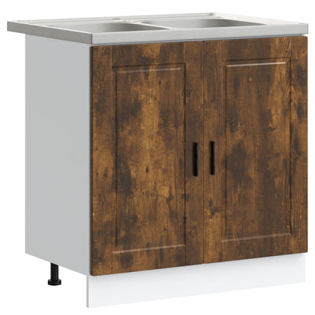 Sink Base Cabinet &quot;Porto&quot; With Sink Smoked Oak 80X46X84,5 Cm Engineered Wood