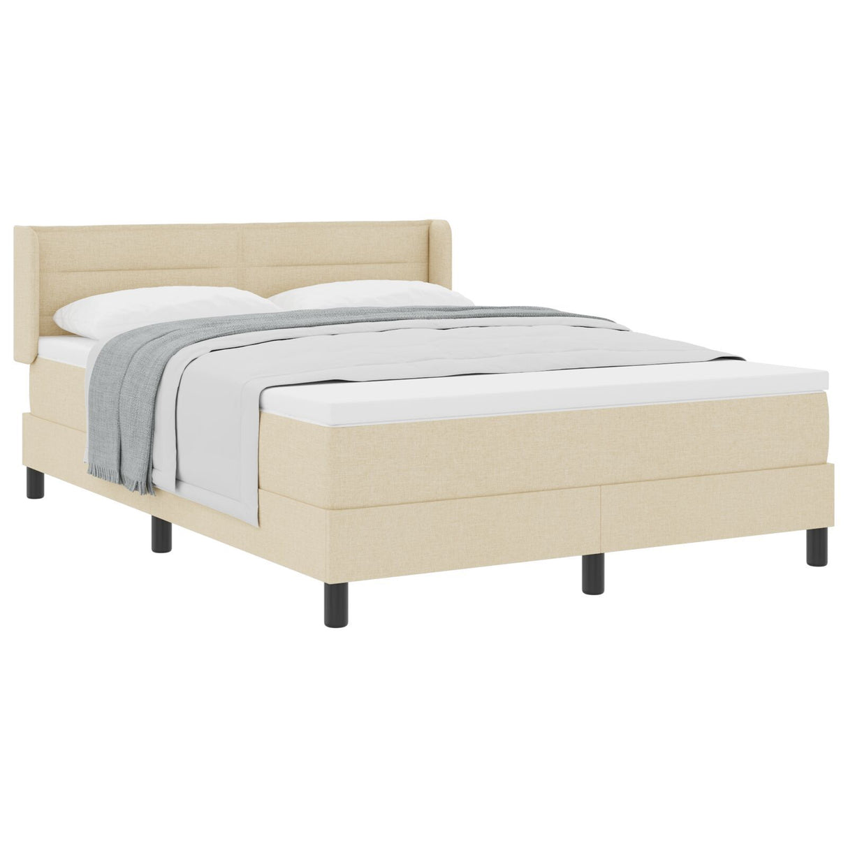 Box Spring Bed With Mattress Cream 140X190 Cm Fabric,  Headboard Lines Design Cream 140 Cm Fabric