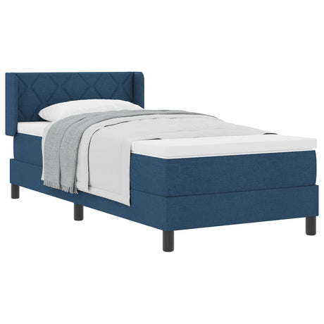 Box Spring Bed With Mattress Blue 90X200 Cm Fabric,  Headboard Diamond Blocks Design Blue 90 Cm Fabric