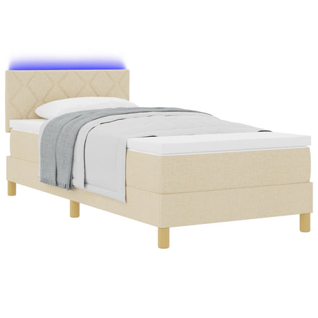 Box Spring Bed With Mattress & Led Cream 90X200 Cm Fabric