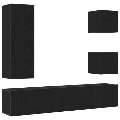 6 Piece Tv Cabinet Set Black Oak Engineered Wood,  Wall Mounted Tv Cabinets 2 Pcs Black Oak 30.5X30X30 Cm,  Wall-Mounted Tv Cabinet In Black Oak - 30.5X30X90 Cm, Made Of Engineered Wood,  Black Oak Tv Stand 80X30X30 Cm Made Of Engineered Wood