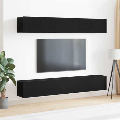 4-Piece Tv Cabinet Set - Wall-Mounted Black Oak Engineered Wood