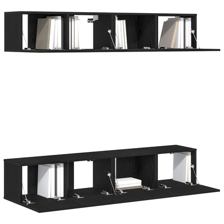 4-Piece Wall-Mounted Tv Cabinet Set In Black Oak Engineered Wood