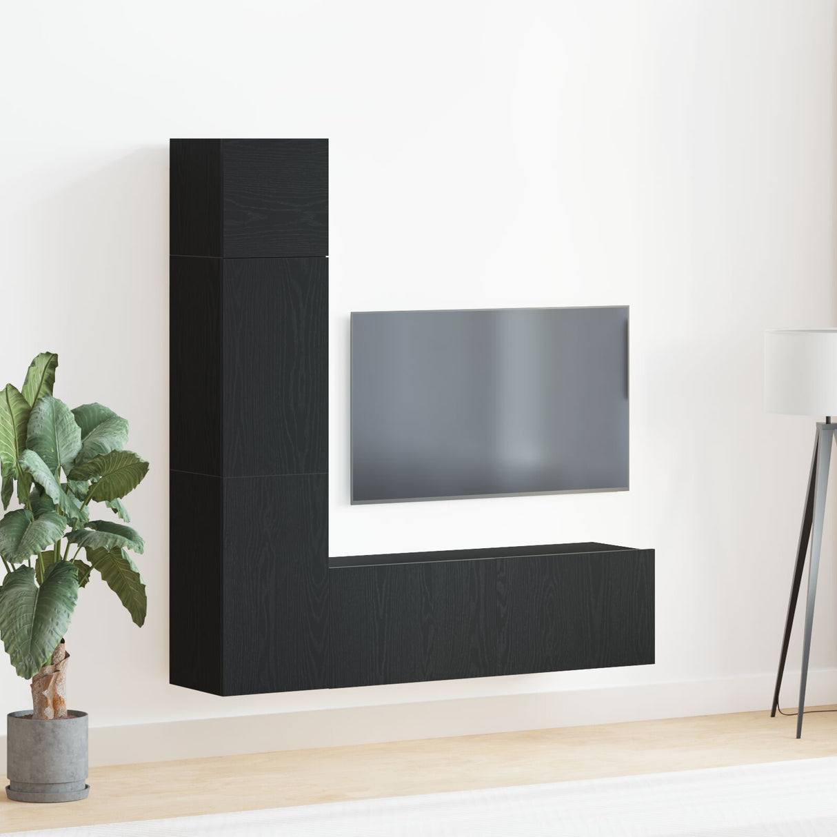 3 Piece Wall-Mounted Tv Cabinet Set Black Oak Engineered Wood