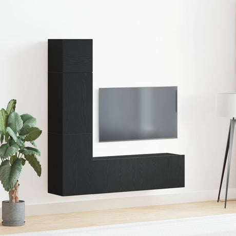 3 Piece Wall-Mounted Tv Cabinet Set Black Oak Engineered Wood