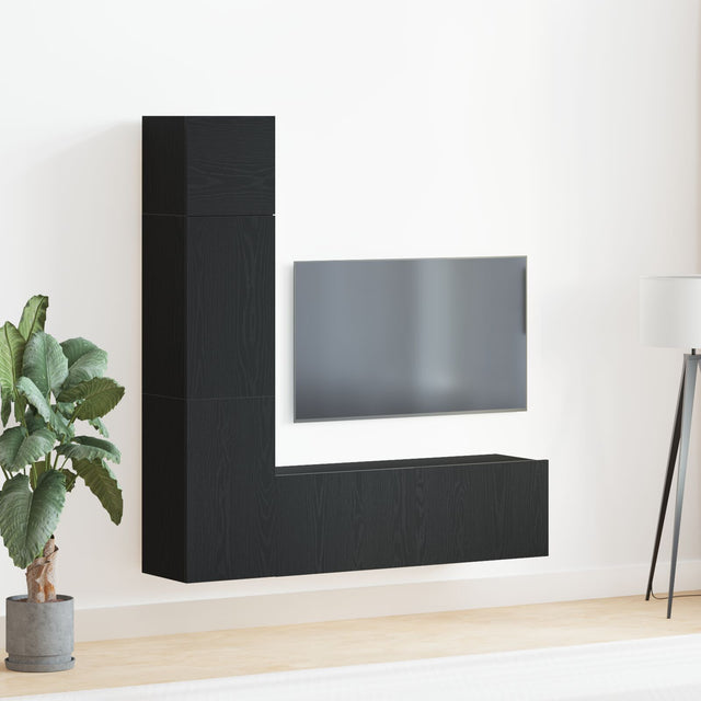 3 Piece Wall-Mounted Tv Cabinet Set Black Oak Engineered Wood