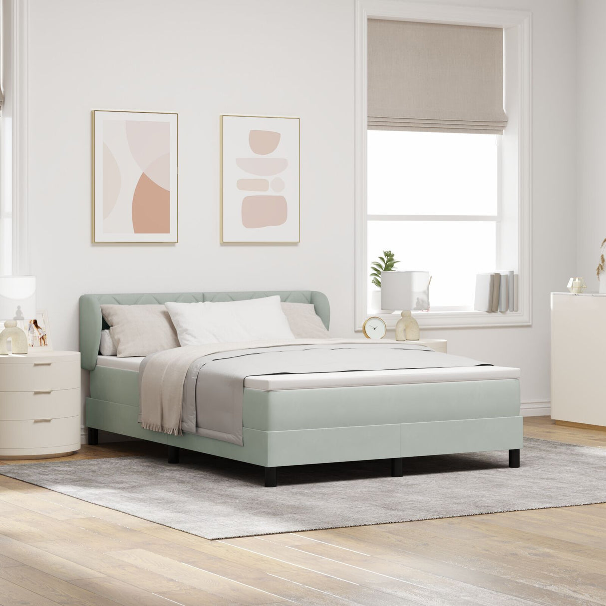 Box Spring Bed With Mattress In Light Grey, 140X190 Cm, Velvet