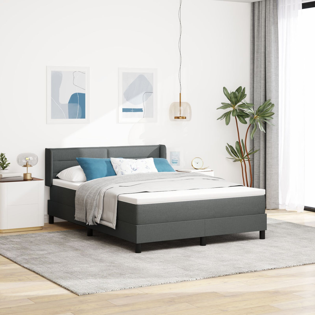 Box Spring Bed With Mattress Dark Grey 160X200 Cm Fabric,  Headboard Lines Design Dark Grey 160 Cm Fabric
