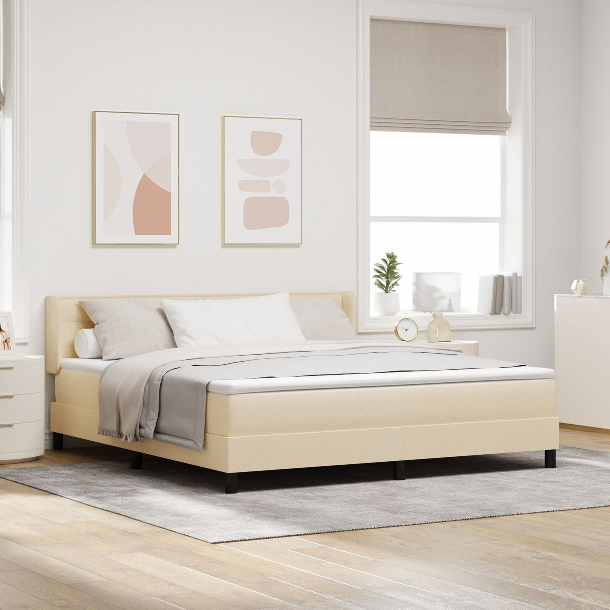 Box Spring Bed With Mattress Cream 180X200 Cm Fabric,  Headboard Lines Design Cream 180 Cm Fabric