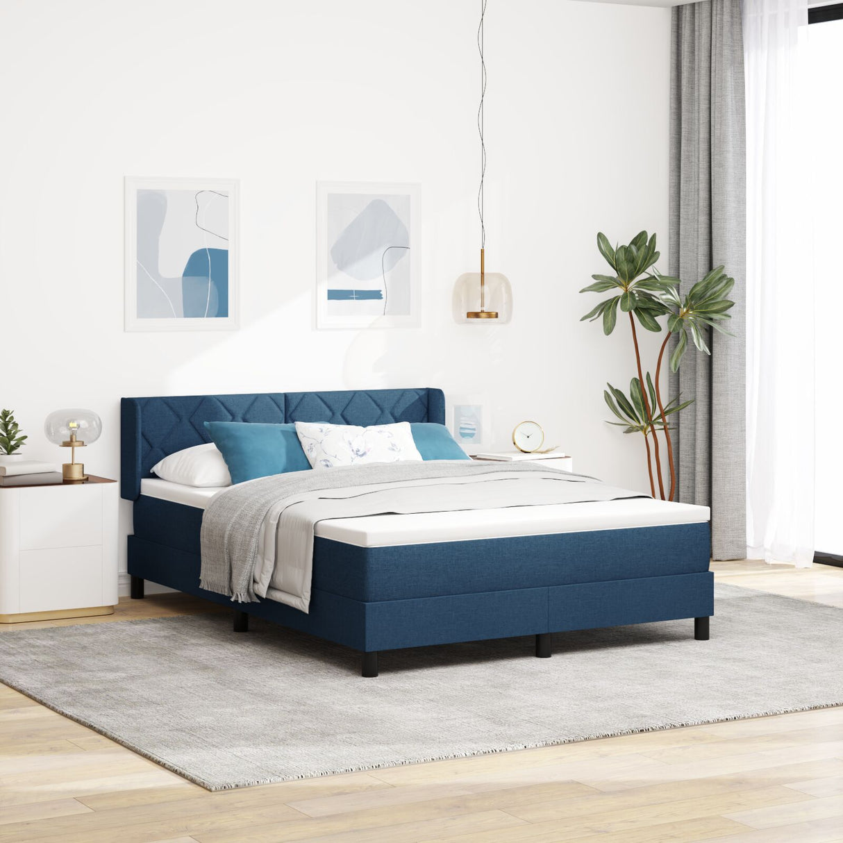 Box Spring Bed With Mattress Blue 160X200 Cm Fabric,  Headboard Diamond Blocks Design Blue 160 Cm Fabric