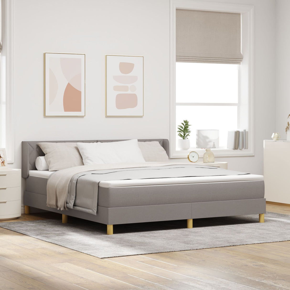 Box Spring Bed With Mattress Taupe 180X200 Cm Fabric,  Headboard Diamond Blocks Design Taupe 180 Cm Fabric